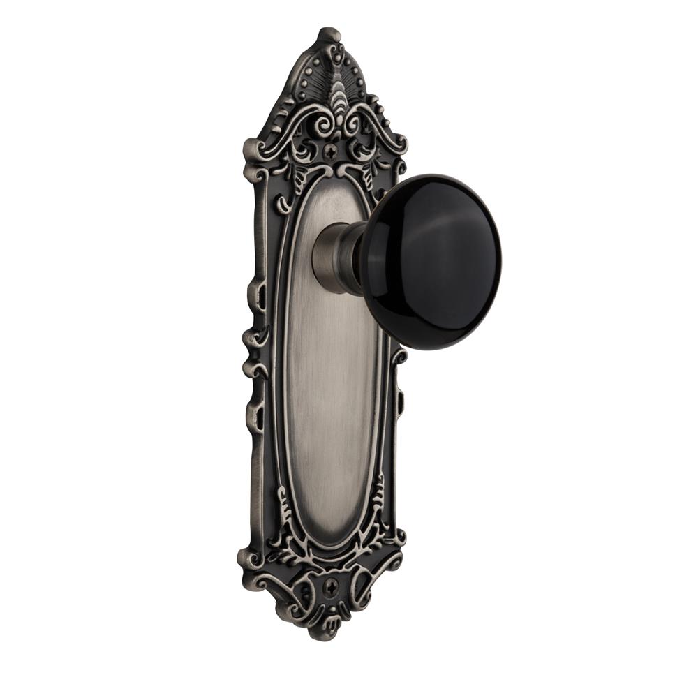 Nostalgic Warehouse VICBLK Passage Knob Victorian Plate with Black Porcelain Knob without Keyhole in Antique Pewter
